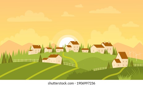 Summer Landscape With Village And Sunrise Vector Illustration. Cartoon Farm Countryside Outdoor View With Farmer Houses On Fresh Green Meadow Hills, Mountains And Sun On Morning Sky Background