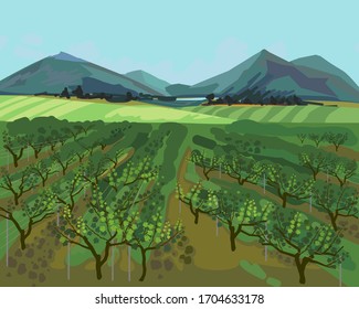 Paisaje de verano con viñedos, montañas en horizonte y cielo azul de manera impresionista