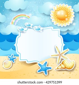 Summer landscape with vintage blank label. Vector illustration 