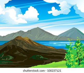 Summer landscape with volcano Batur and blue lake on a cloudy sky. Indonesia, Bali.