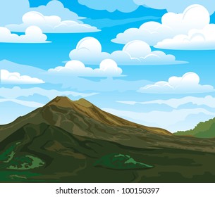 Paisaje de verano con el volcán Batur en un cielo nublado. Indonesia, Bali.