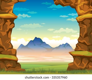 Summer landscape - wall of rock with green grass and mountains on a blue cloudy sky. Nature vector illustration.