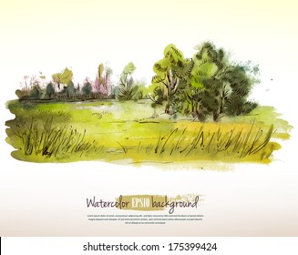 Summer landscape watercolor. Vector illustration.