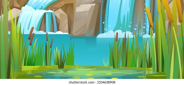 Summer landscape with waterfall among rocks. Cascade shimmers downward. Reeds and aquatic plants. Water flowing. Cool cartoon style. Vector