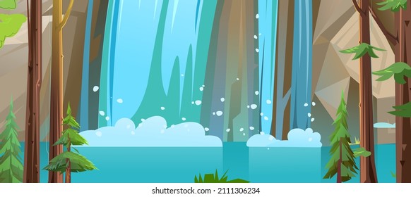Summer landscape with waterfall among rocks. Cascade shimmers downward. Foam and spray. Water flowing. Nice cartoon style. Flat design. Vector.