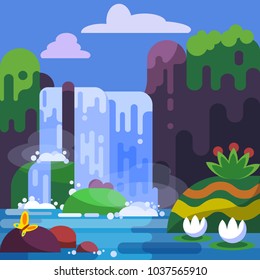 summer landscape with waterfall, lake,  flowers and rocks