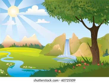 Summer landscape with a waterfall, mountains and big tree