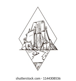 Summer landscape with waterfall in the shape of diamond. Outline vector illustration isolated on white background for posters, stickers and much more.
