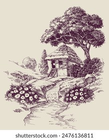 Summer landscape, watermill on a river hand drawing