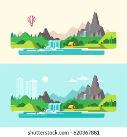 Summer landscape. Weekend in the tent. Hiking and camping. Vector illustration in flat design style.