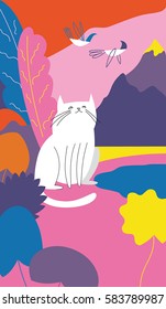 Summer landscape with white cat and flying birds