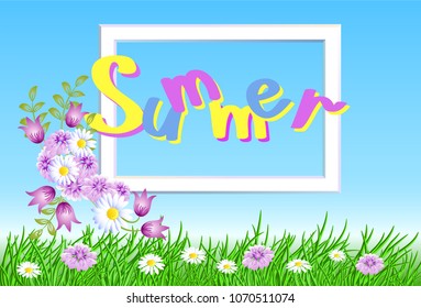 Summer landscape with white frame in the sky, meadow flowers and green grass