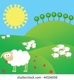 Summer landscape with white sheeps