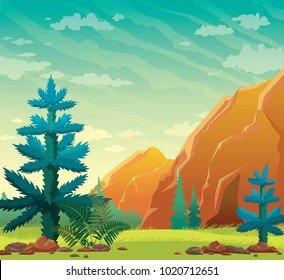 Summer landscape. Wild nature. Vector illustration with blue fir, green grass, fern, mountain with cave and forest on a cloudy sky