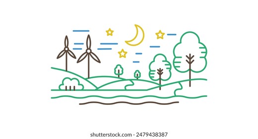 Sommerlandschaft mit Windturbinen zur Stromerzeugung, Landschaft bei Nacht, Line Icon Vektorillustration