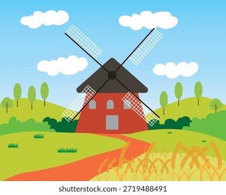 Paisaje de verano con molino de viento. Paisaje del campo de cultivo. Ilustración del paisaje del pueblo. Plantilla de fondo natural. Fondo de pantalla de Naturaleza, cartel, Anuncio de campo verde, cielo azul, Vector de campo de cultivo.