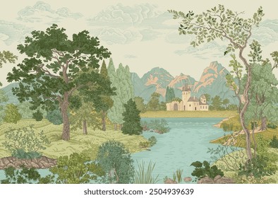 Paisaje de verano. Bosque. Vector vintage ilustración.