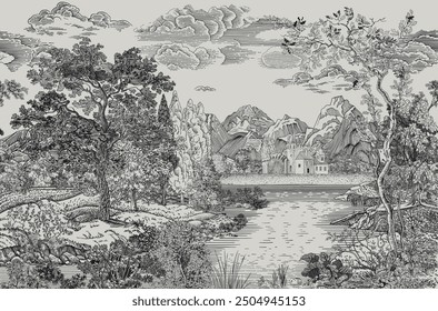 
Summer landscape. Woodland. Vector vintage illustration. Black and white. NOT AI generated