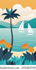 Summer landscape, yachts. Postcard with a view of the sea, ocean, mountains, tropical plants, palm tree. Summer vacation, vacation travel. Vector illustration, poster. Print, web design, postcard