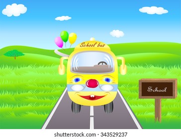 Summer landscape with yellow school bus and an owl sitting on traffic sign