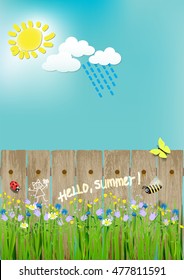 summer landscape.flowers, sun, bee, ladybug, butterfly. hello summer.vector illustration