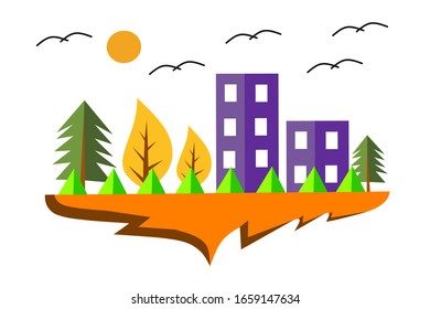 summer landscape.Little city street with small houses and trees. Flat style vector illustration.