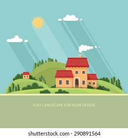 summer landscape.Little city street with small houses and trees. Flat style vector illustration.