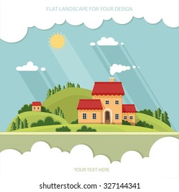 summer landscape.Little city street with small houses and trees. Flat style vector illustration.