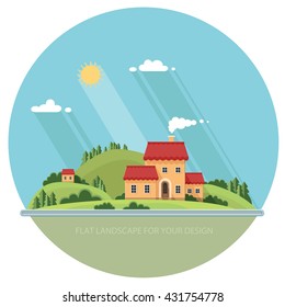 summer landscape.Little city street with small houses and trees. Flat style vector illustration.