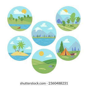 Paisajes de verano como ilustraciones vectoriales de ubicaciones vacacionales. Colección de dibujos animados de la isla, camping, ríos o lagos, campo, campos. Naturaleza, vacaciones, concepto de recreación