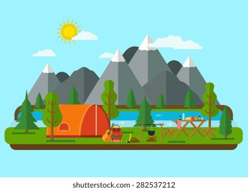 Summer landscapes. Picnic barbecue with tent in mountains near a river. Hiking and camping. 