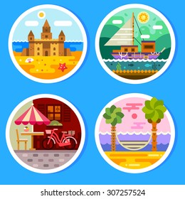 Summer landscapes in round badges. Views of the beach: sandcastle and hammock near the ocean. Yacht in the free voyage. Summer cafe in the city center. Vector flat illustration