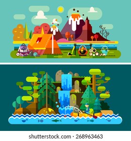 Summer landscapes: tent and fire in mountains background, a man in boat floats on river, forest, waterfall. Hiking and camping. Vector flat illustration