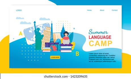 Summer Language Camp. Cartoon Girl With Notebook Learn Languages Abroad. Study English French Italian Spanish. Europe Country Education. Children Travel Program. Summer Vacation Holidays Trip