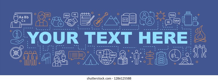 Summer language camp word concepts banner. Your text here. Travel and learn foreign language. Isolated lettering typography idea with linear icons. Vector outline illustration