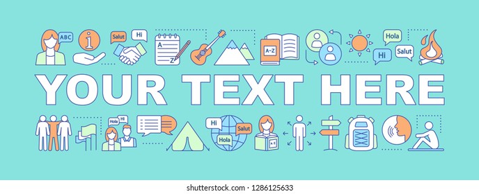 Summer language camp word concepts banner. Your text here. Travel and learn foreign language learning. Isolated lettering typography idea with linear icons. Vector outline illustration
