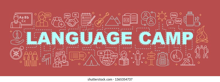 Summer language camp word concepts banner. Worldwide tourism. Travel and learn foreign language. Isolated lettering typography idea with linear icons. Presentation. Vector outline illustration