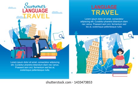 Summer Language Travel Banner Set. Cartoon Girl With Notebook Multilingual Learn. Man Teach English French Italian Spanish. Speak And Talk Abroad. Europe Country Education Travel Program