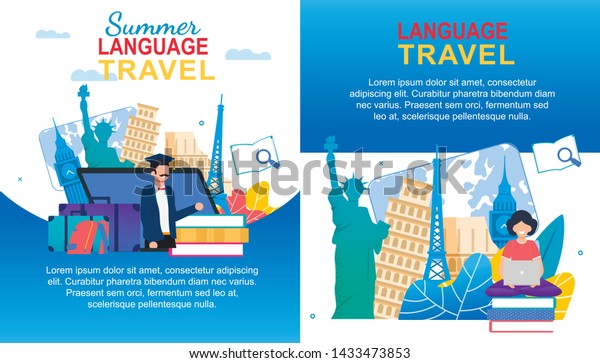 夏言語旅行バナーセット ノートブックpcを持つ漫画の女の子 多言語学習 男は英語のフランス語イタリア語を教える 外国で話し 話す 欧州国際教育旅行計画 のベクター画像素材 ロイヤリティフリー