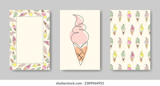 Summer Layout for ice cream menu. Template with Ice-cream drawn in one line. Cold dessert advertising frame and backgrounds