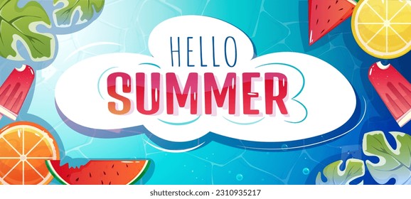 Summer layout poster. Horizontal flyer for advertising and websites. Colorful banner with fruits and swimming pool. Vacation, beach season and travel concept. Cartoon flat vector illustration