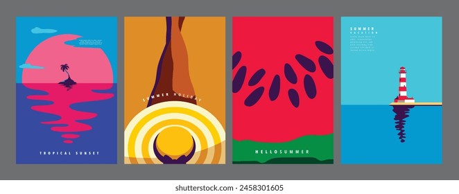 Conjunto de diseño de verano, Plantilla de Anuncio de póster, Vector plano, ilustración mínima colorida