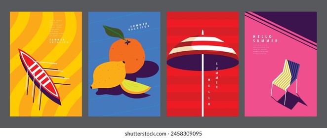 Conjunto de diseño de verano, Plantilla de Anuncio de póster, Vector plano, Diseño gráfico, ilustración mínima colorida