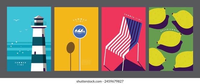 Conjunto de diseño de verano, Plantilla de Anuncio de póster, Vector plano, ilustración mínima colorida