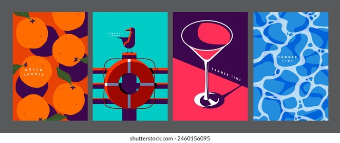 Summer layout set, poster banner template, flat vector, colorful minimal illustration