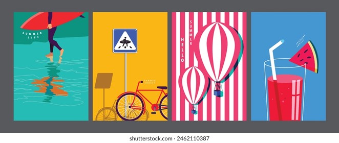 Summer layout set, poster banner template, flat vector, colorful minimal illustration