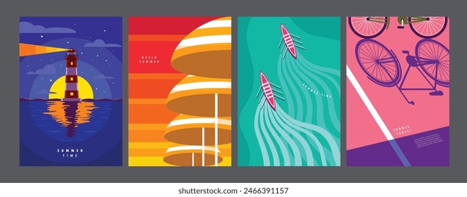 Conjunto de diseño de verano, Plantilla de Anuncio de póster, Vector plano, ilustración mínima colorida