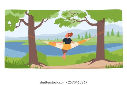 Summer lazy rest and relax of girl sitting in hammock hanging between two trees. Young barefoot woman lying in swinging bed to enjoy mountain landscape and river view cartoon vector illustration