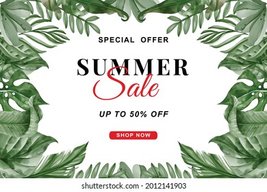 summer leaf greenery watercolor frame for banner and flyer