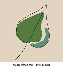 Summer leaf vector isolated on beige background.
Line art plants. Continuous line of simple leaf Illustration. Minimalism art. Modern decor. Vector EPS 10. Logo, postcard, banner. Green, blue spot.